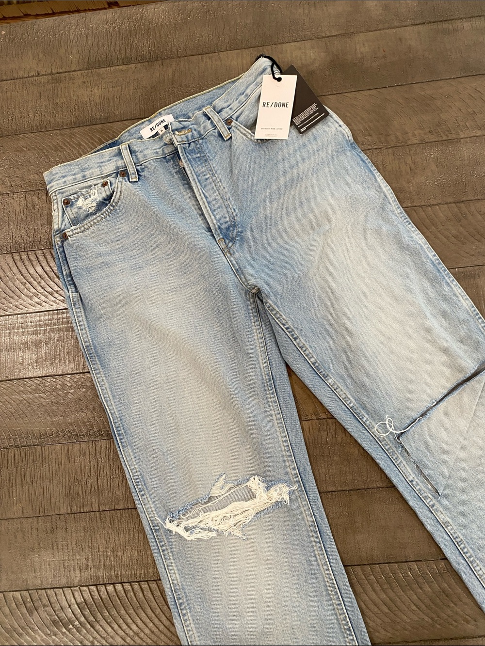 Re/Done Light Wash Straight Leg Jeans with Frayed Hem - Picture 2 of 8